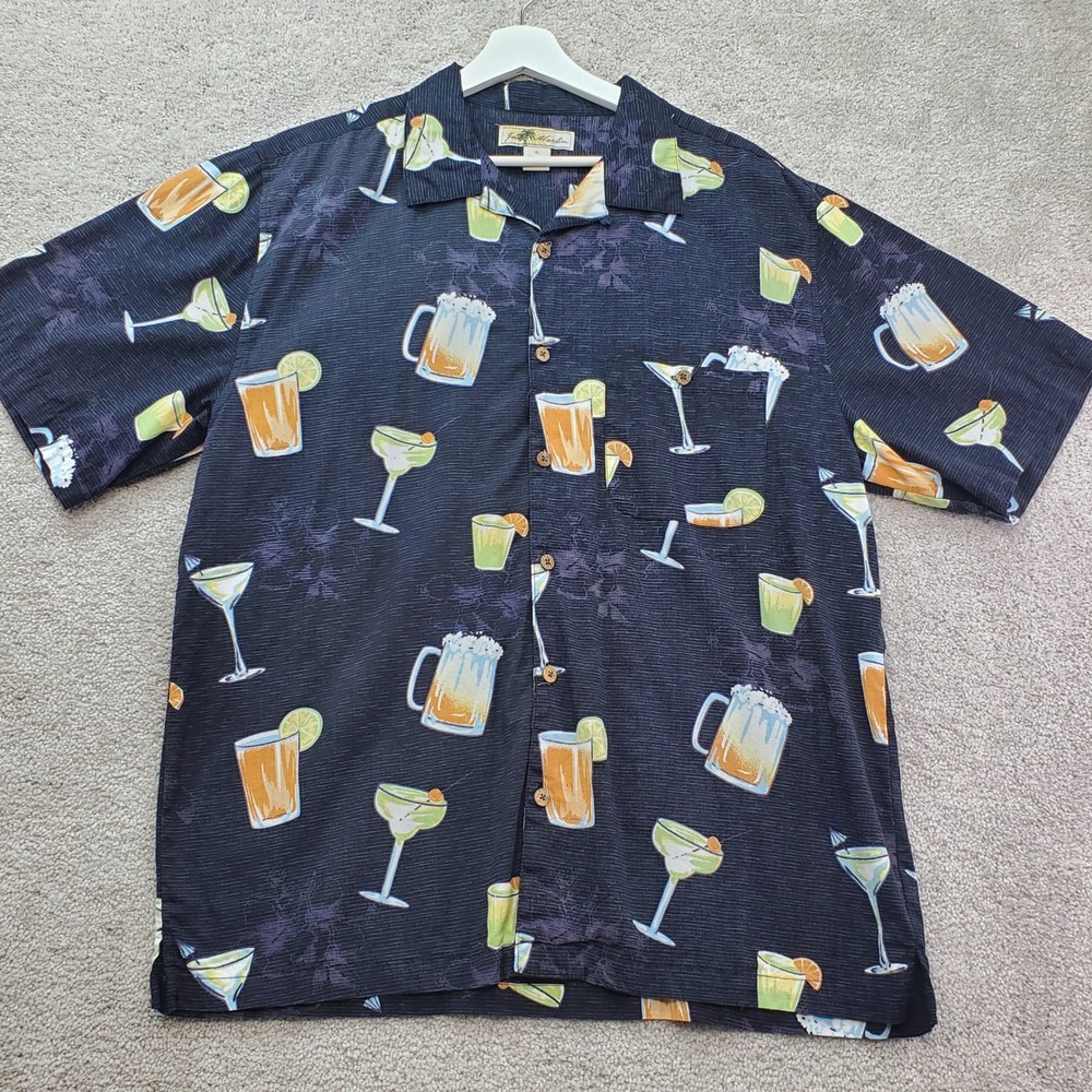 Joe Marlin‎ Button Down Shirt Mens XL Navy Blue Hawaiian Cocktail Beer Tropical
